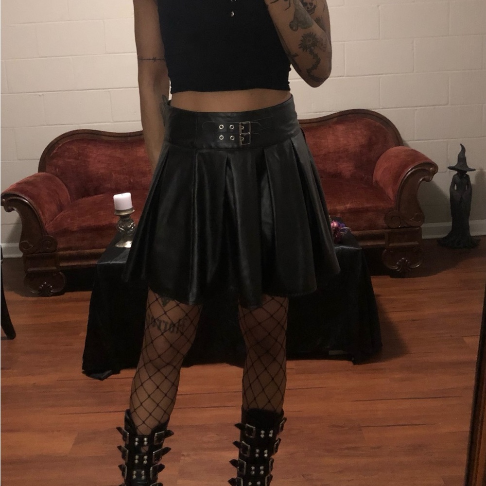 Faux Black Leather Skater Skirt